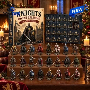 Front view of Medieval Knights Advent Calendar 2026 with 24 numbered figures displayed on shelves.