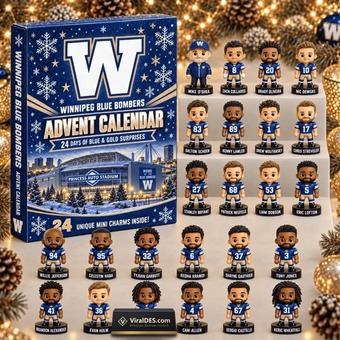 Winnipeg Blue Bombers Advent Calendar 2026 collector box beside all 24 miniature player and coach figurines on tiered display shelves