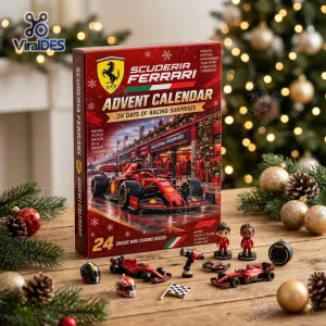 Front view of a Ferrari Formula One Racing Advent Calendar with miniature toys on a wooden table.