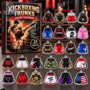 Front view of Kickboxing Shorts Christmas Ornaments Advent Calendar featuring packaging and twenty four mini acrylic shorts.