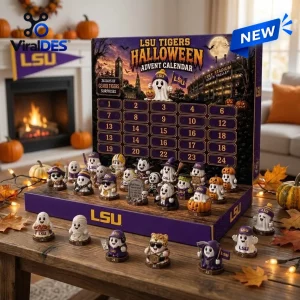 Front view of Louisiana State University Tigers Halloween Advent Calendar with ghost figurines.