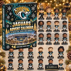 Front view of the Jacksonville Jaguars 2026 Advent Calendar box alongside 24 player figurines.