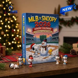 Front angle view of MLB x Snoopy 2026 Advent Calendar box with figurines on table.