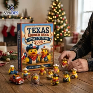 Front view of Texas Cowboy Rubber Duck Advent Calendar 2026 with themed figures displayed on a wooden table.
