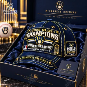 Front view of the Milwaukee Brewers 2026 NLCS Champions Cap inside a blue presentation box.