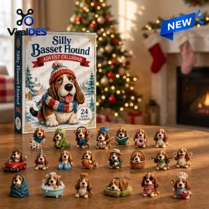 Front view of the Silly Basset Hound Advent Calendar 2026 box with twenty-four figurines displayed on a wooden table.