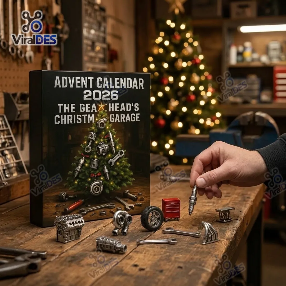 Gearhead Christmas Garage Advent Calendar 2026 on a workshop bench with miniature V8 engine, turbocharger, brake rotor, and tool chest
