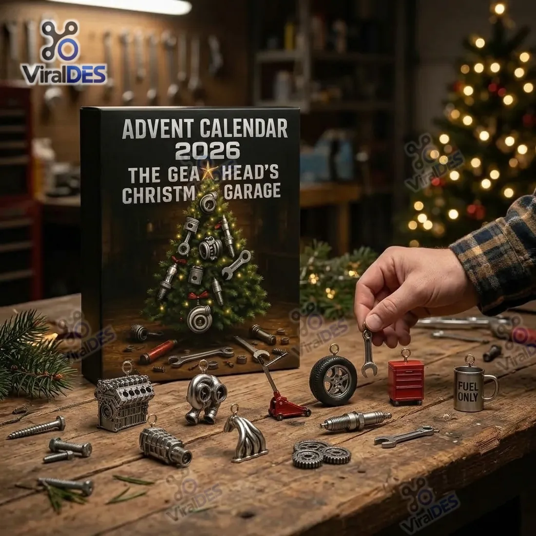 Close-up of Gearhead Christmas Garage Advent Calendar miniature wrench, FUEL ONLY mug, tire, and supercharger
