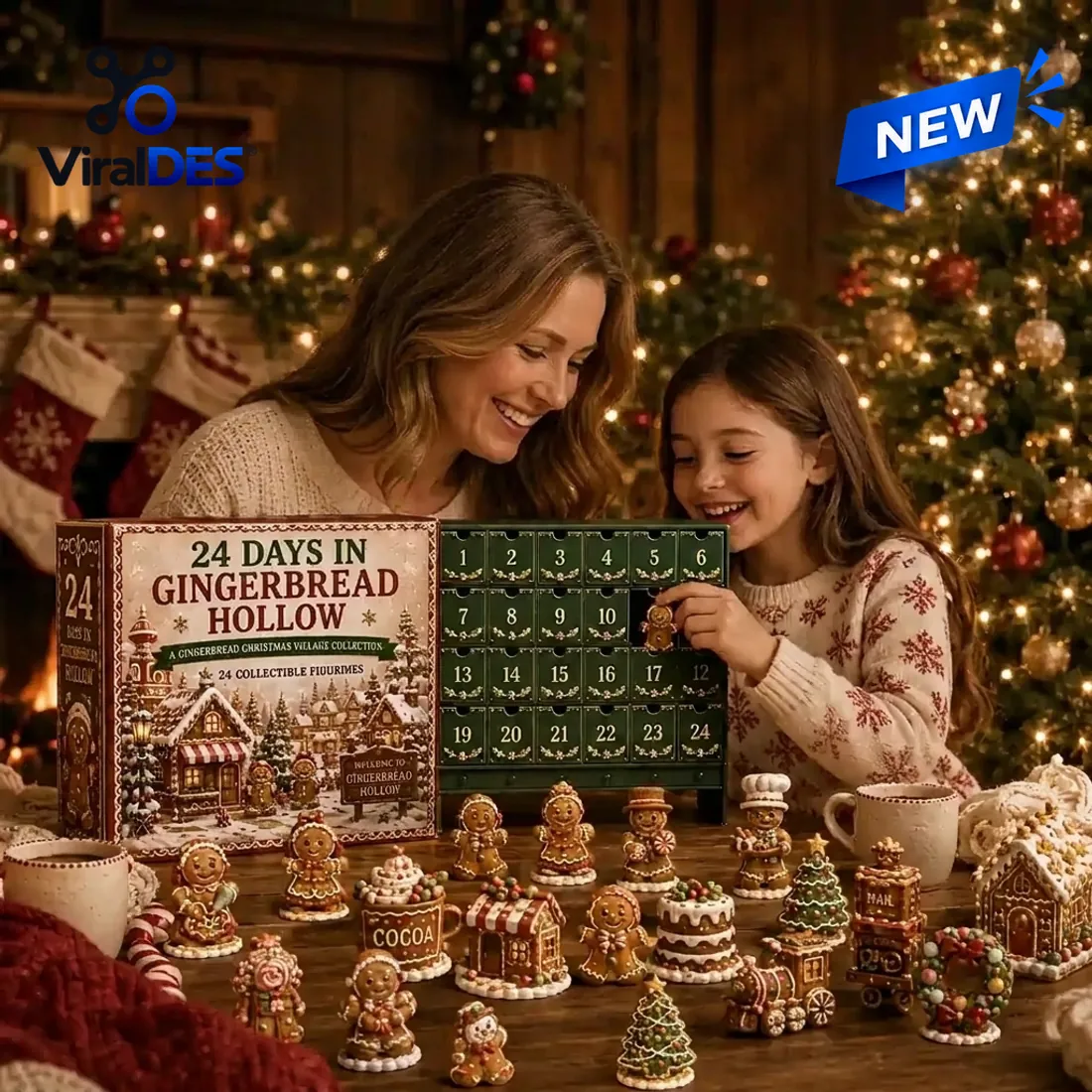 Mother and daughter unboxing the forest-green 24-drawer Gingerbread Hollow Advent Calendar beside the Cookie Train and cottages