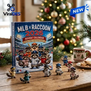Front view of the MLB x Raccoon 2026 Advent Calendar box surrounded by miniature raccoon figurines.