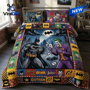 Front view of a Batman vs Joker Superhero Quilt Set featuring comic book graphics on a bed.