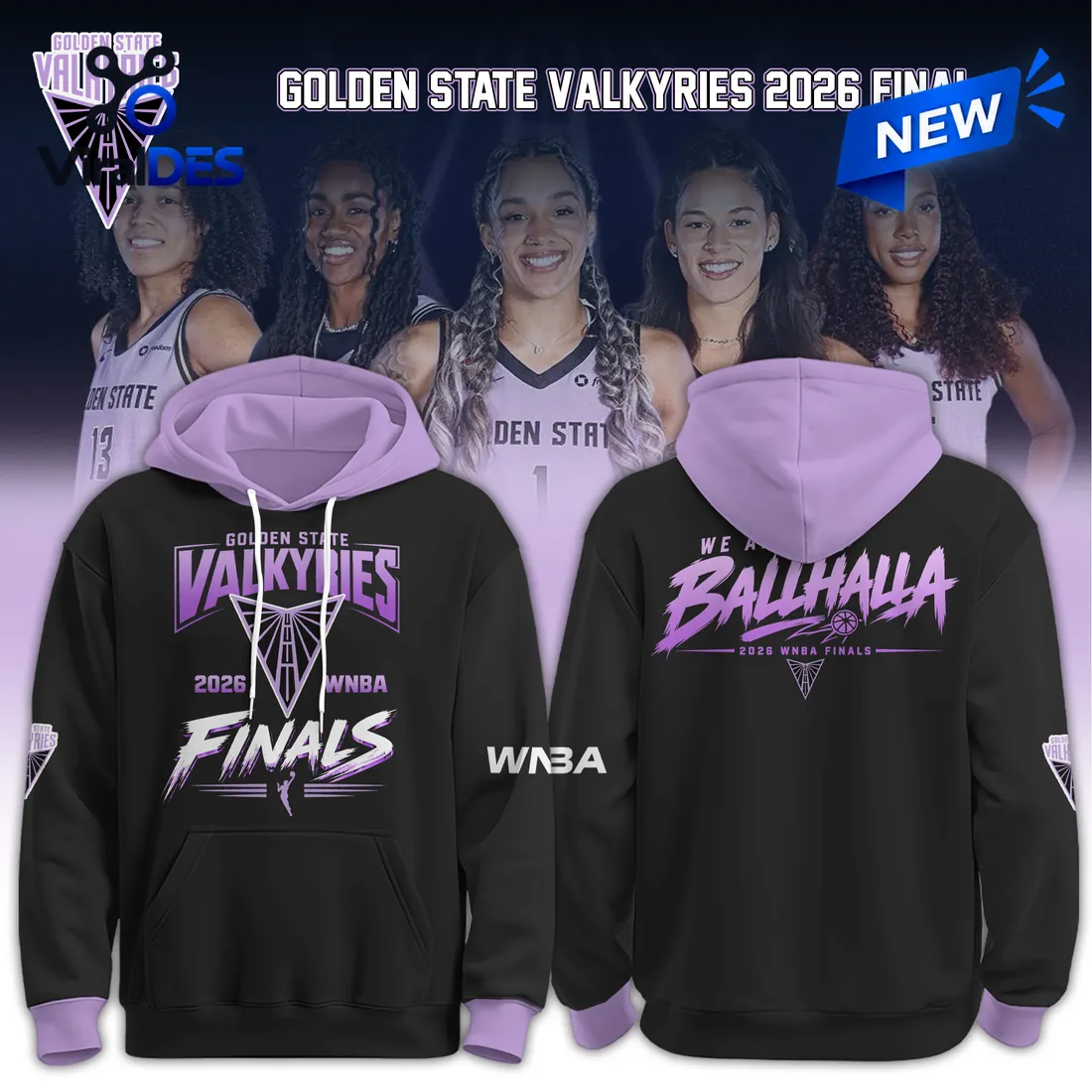 Front and back view of a black hoodie with purple accents featuring Valkyries 2026 Finals graphics.