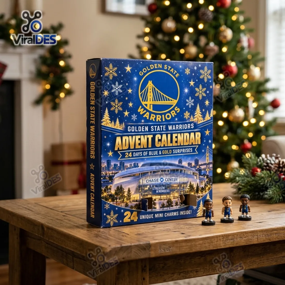 Golden State Warriors 2026 Advent Calendar standing on a wooden table with perforated lower compartments opened and three miniature 3D player figurines standing beside it
