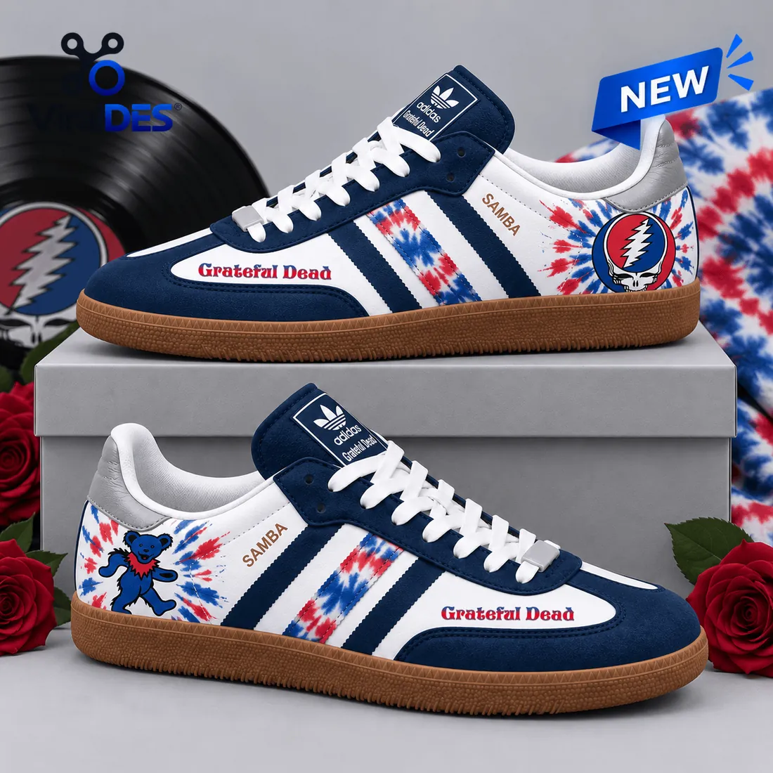 Side view of Grateful Dead Dancing Bears Adidas Samba shoes featuring tie-dye patterns and blue suede accents.