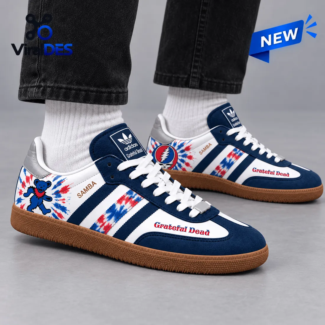Side view of Grateful Dead Dancing Bears Adidas Samba Shoes worn with black jeans.