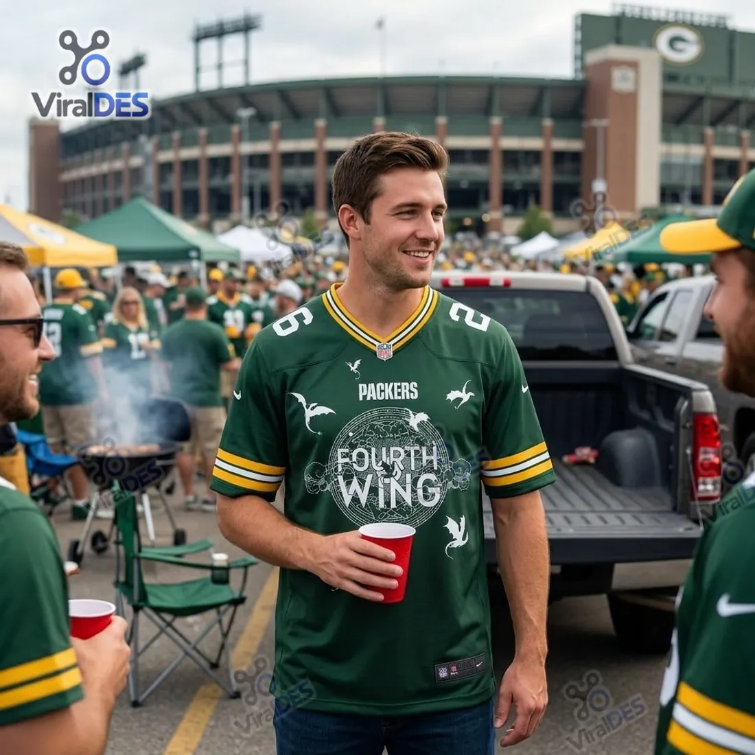 Front view of the Green Bay Packers Fourth Wing Custom Football Jersey worn at a Lambeau Field parking lot tailgate