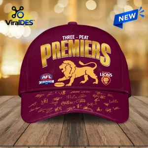 Front view of the Brisbane Lions Three Peat Premiers Maroon Cap with gold signatures and lion graphic.