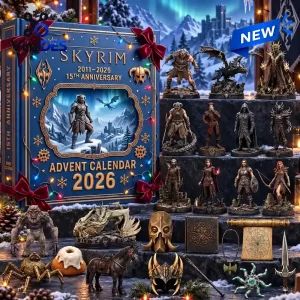 Front view of the Skyrim 15th Anniversary 2026 Advent Calendar box alongside various collectible gaming character figurines.