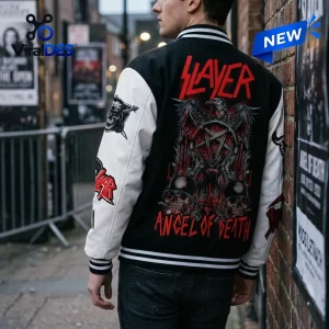 Back view of the Slayer Angel Of Death Baseball Varsity Jacket with red text and skull graphics on an alleyway.