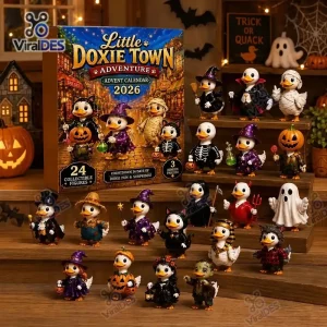 Front view of the Little Doxie Town 2026 Halloween Advent Calendar box with various duck figurines displayed.