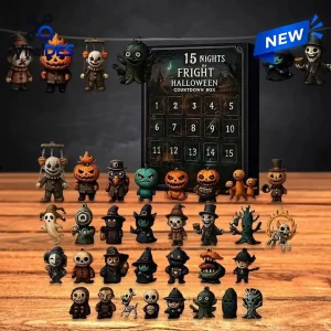 Front view of a Halloween Countdown Advent Calendar with 15 numbered compartments and various spooky mini figurines.