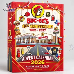 Front angle view of the Buc-ee's 45th Anniversary Advent Calendar 2026 box with holiday lights.