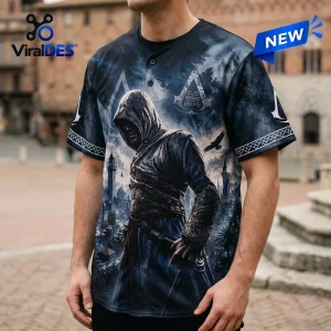 Front view of an Assassin’s Creed 20th Anniversary Baseball Jersey featuring a hooded figure graphic.