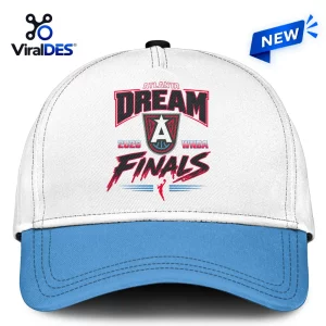 Front view of a white baseball cap featuring an Atlanta Dream 2026 WNBA Finals graphic and blue brim.