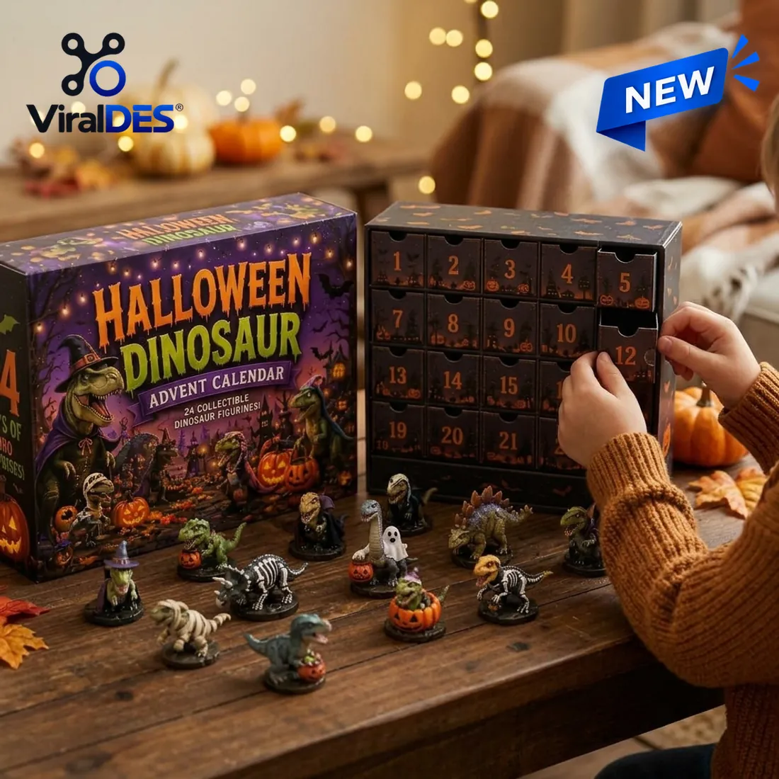 Child opening compartment 12 of the Halloween Dinosaur Advent Calendar cabinet beside costumed dinosaur figurines