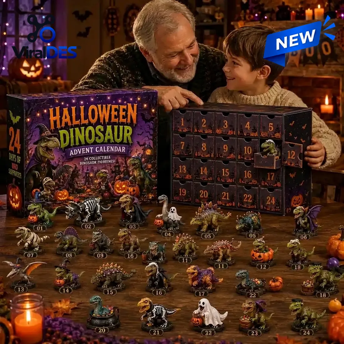 Family unboxing the 24-compartment Halloween Dinosaur Advent Calendar with all 24 costumed dinosaur miniatures arranged in rows