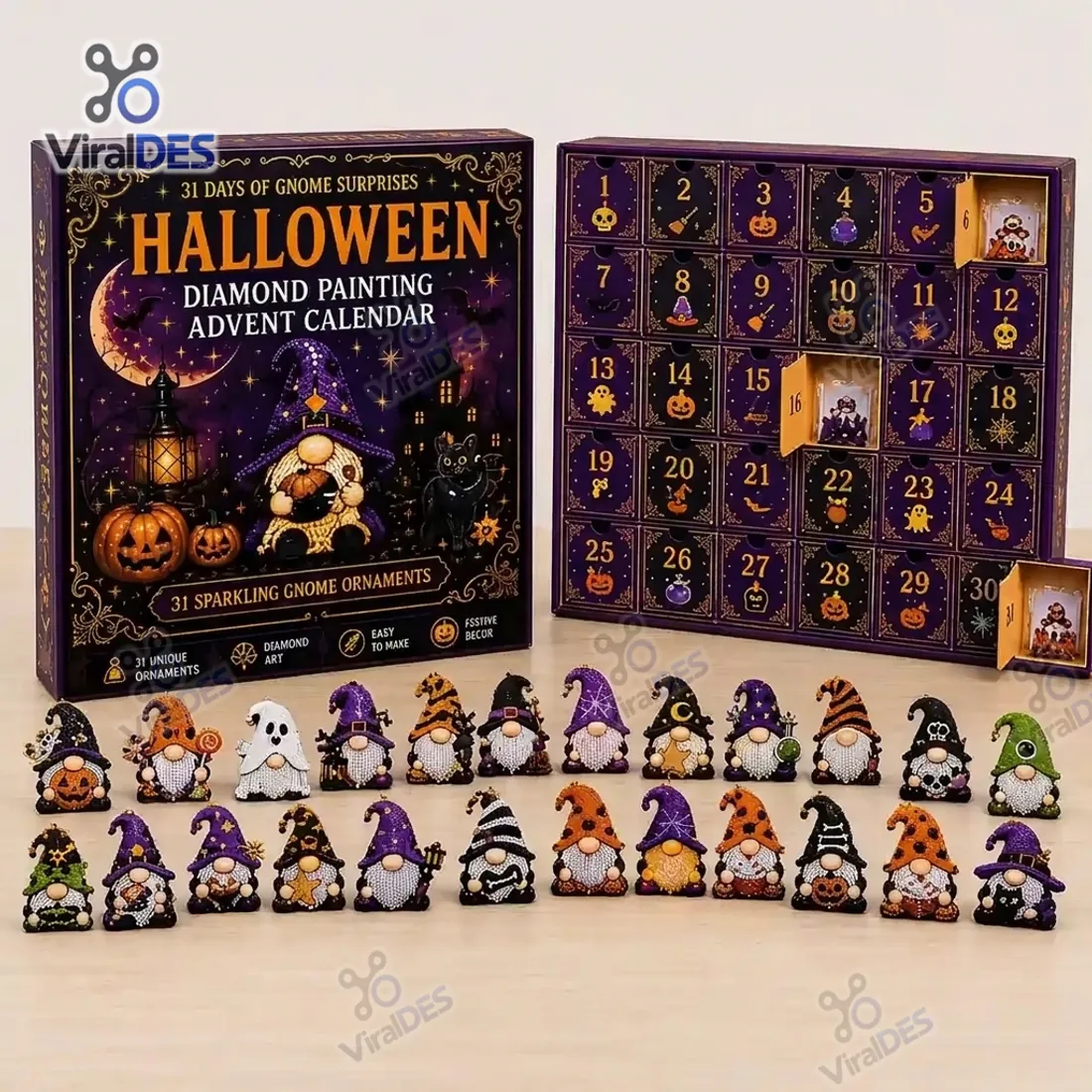 Full lineup of 31 sparkling Halloween gnome diamond painting ornaments arranged in front of the numbered purple countdown box