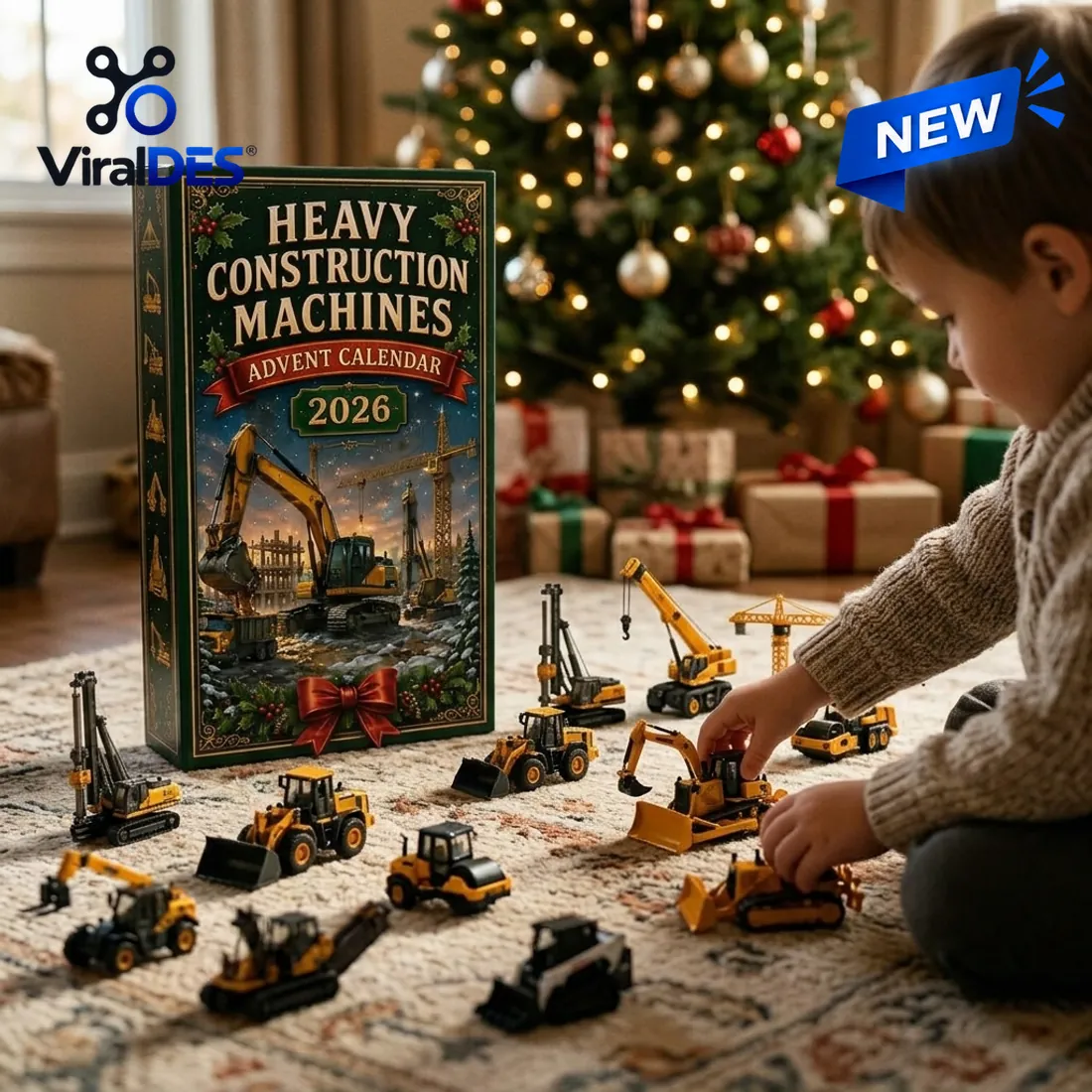 Child arranging miniature yellow and black excavators, cranes, drilling rigs, and bulldozers on a rug beside the Heavy Construction Machines Advent Calendar 2026 box