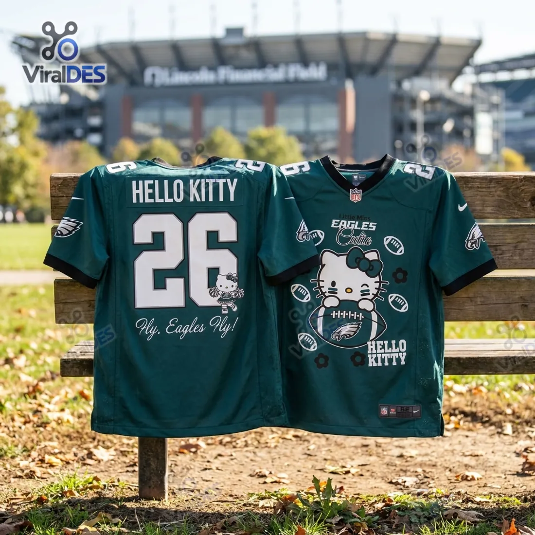 Front and back view of the Hello Kitty x Philadelphia Eagles Football Jersey on a park bench near Lincoln Financial Field