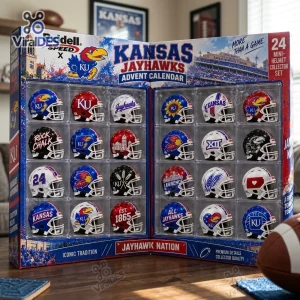 Front view of Kansas Jayhawks Riddell Mini Helmet Advent Calendar 2026 displaying 24 collectible helmets in a box.