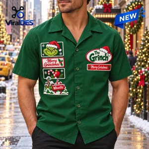 Front view of The Grinch Green Christmas Bowling Hawaiian Shirt worn outdoors in a city street setting.