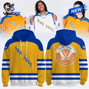Front and back view of a yellow and blue hockey jersey style hoodie with San Jose lettering.