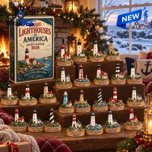 Front view of the Lighthouses Of America 2026 Advent Calendar box alongside displayed lighthouse figurines.