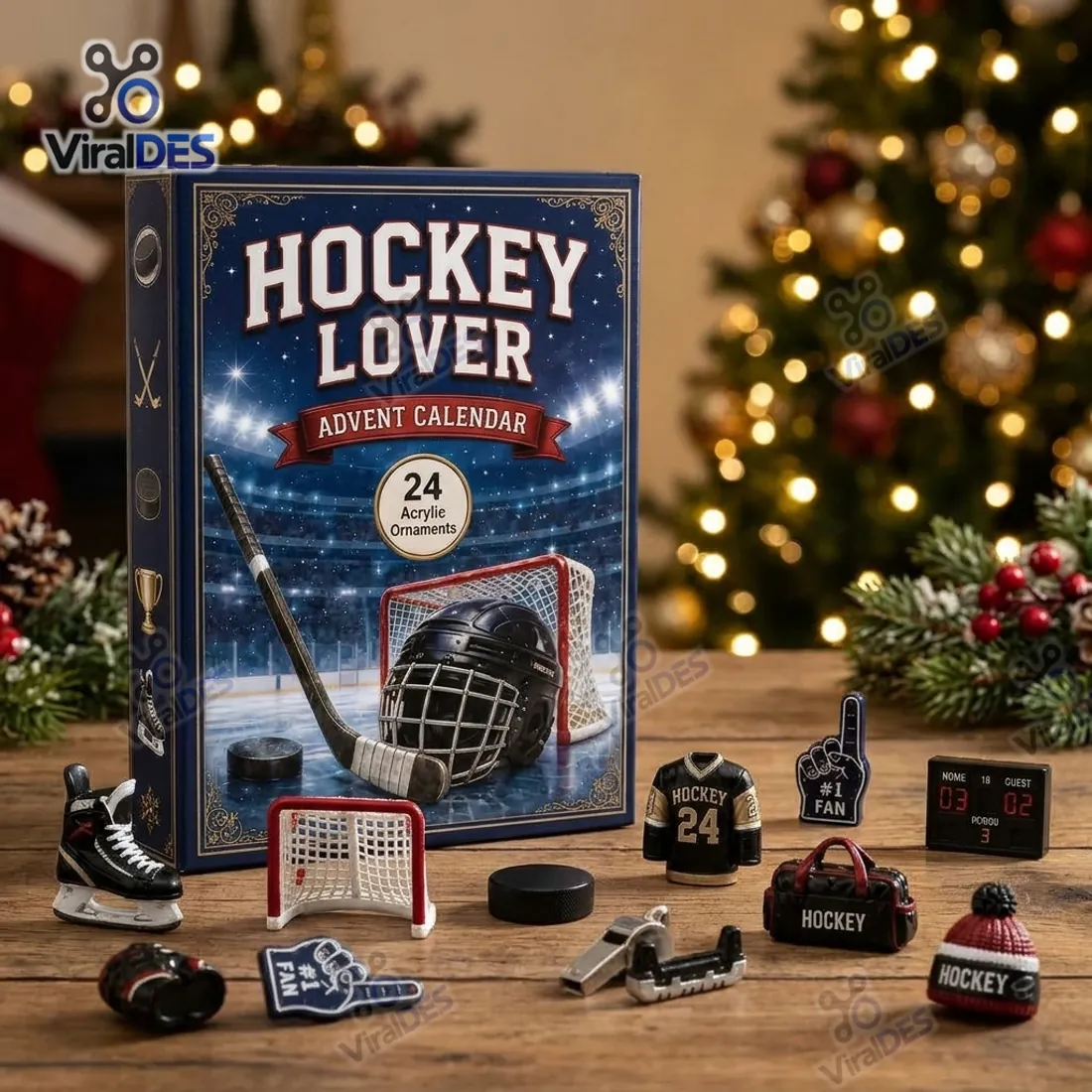 Hockey Lover Advent Calendar 2026 collector box with miniature goal net, skate, jersey, scoreboard, and puck keepsakes