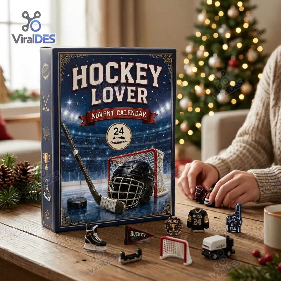 Close-up of Hockey Lover Advent Calendar spine icons and miniature hockey keepsakes