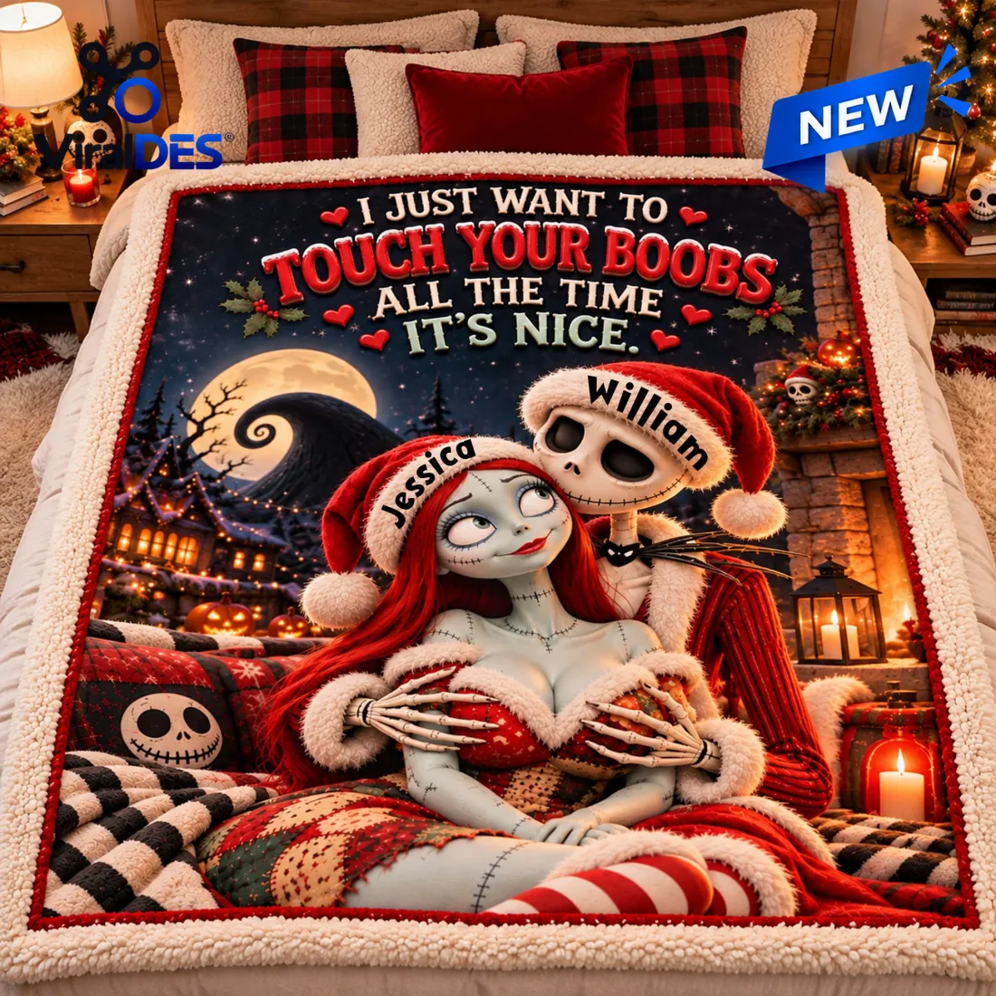 Full bed spread view of the Horror Couple Personalized Christmas Sherpa Blanket showing custom names on Jack and Sally's Santa hats