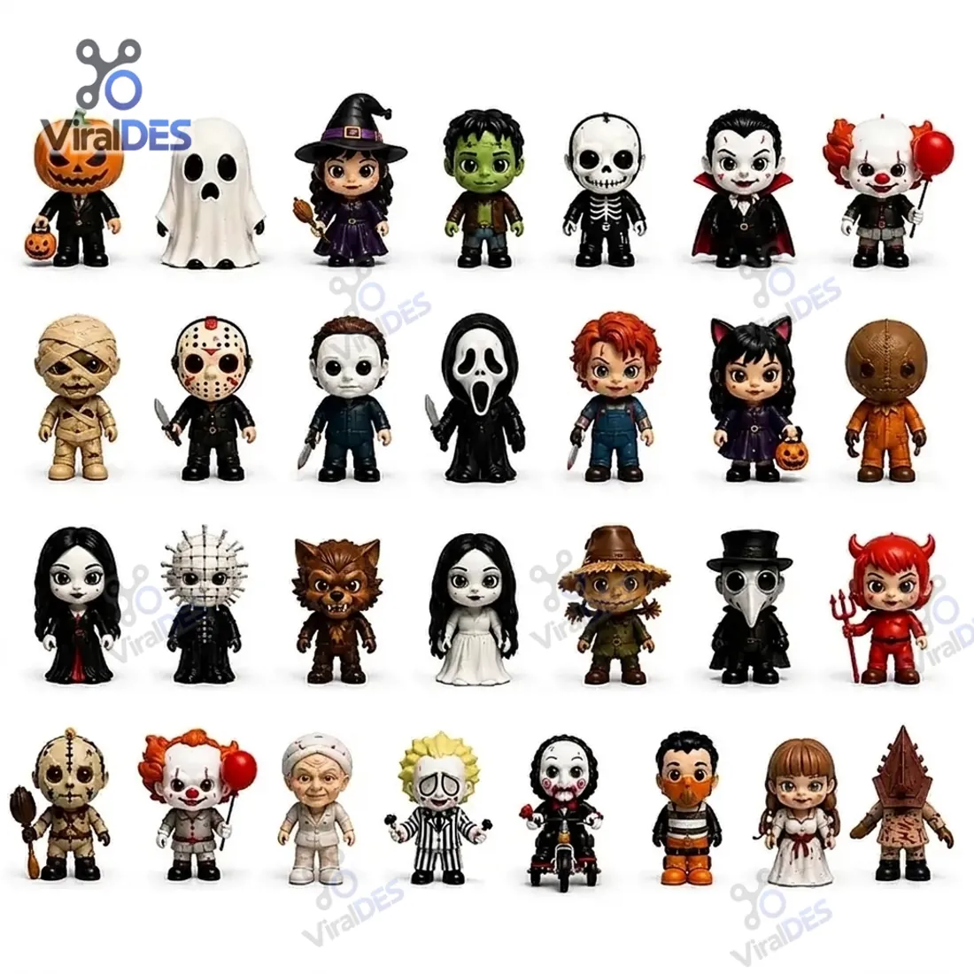 Close-up grid of the freestanding 3D chibi horror and Halloween figurines from the Horror Mystery Figures Advent Calendar