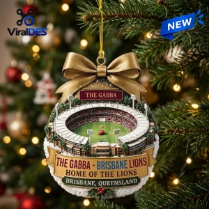 Hanging Brisbane Lions Christmas Ornament featuring The Gabba stadium on a tree.
