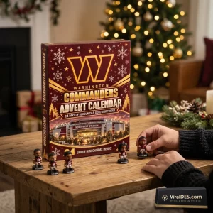 Front view of Washington Commanders 2026 Advent Calendar on wooden table with mini figurines.