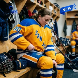 Player wearing the PWHL San Jose 2026 Limited Edition Jersey sitting on a bench in a locker room.