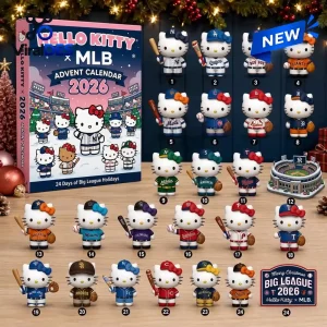 Front view of the MLB x Hello Kitty 2026 Advent Calendar box alongside twenty-four numbered figurine toys.