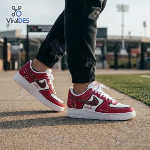 Lifestyle view of Arizona Cardinals Custom Name Air Force 1 Sneakers worn outdoors.