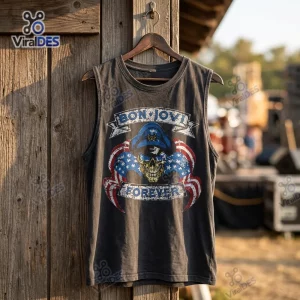 Front view of a Bon Jovi Forever Tour 2026 basketball jersey hanging on a wooden wall outdoors.