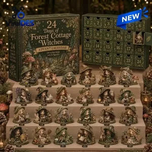 Front view of Forest Cottage Witches Advent Calendar with twenty-four numbered figures.