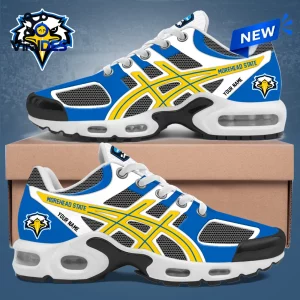 Side view of Morehead State Eagles Custom Air Max Plus Sneakers in blue, white, and yellow with mesh details.