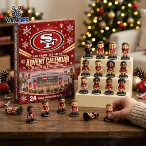 Front view of San Francisco 49ers NFL Advent Calendar box with mini figurines displayed.